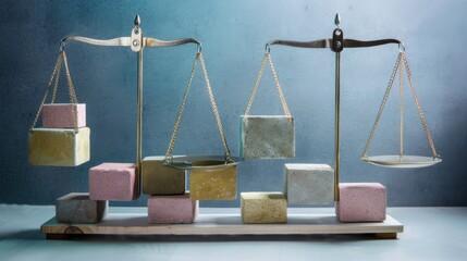 Poster - A meaningful depiction of social equity, featuring a set of scales balanced with diverse blocks of varying textures and colors, Symbolizing the adjustment needed to achieve fairness