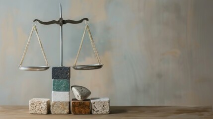 Poster - A meaningful depiction of social equity, featuring a set of scales balanced with diverse blocks of varying textures and colors, Symbolizing the adjustment needed to achieve fairness