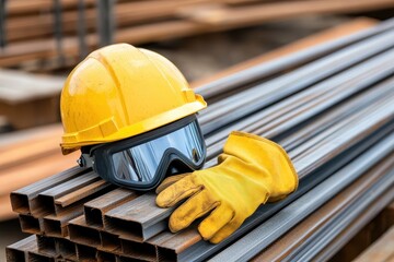 Yellow construction helmet, gloves, and safety goggles placed on steel beams at a construction site, symbolizing worker safety.