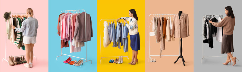 Collage of young women and stylish clothes on hangers against color backgrounds