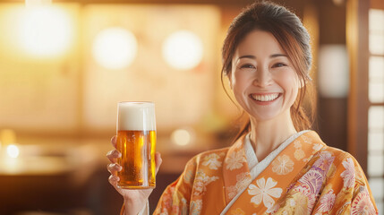 Cheers to Tradition: A smiling woman in a vibrant orange kimono raises a glass of beer, capturing the essence of Japanese hospitality and festive cheer.  