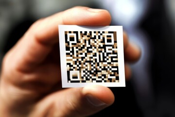 a business person presenting a 3d qr code in a professional setting.