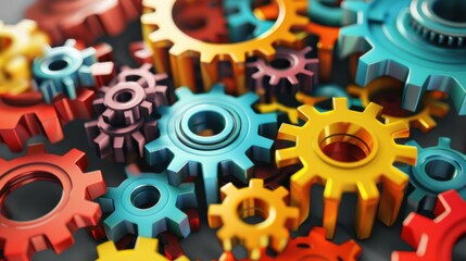Poster - A network of interconnected gears in different colors and sizes, Symbolizing the integration and collaboration of diverse talents, photography style
