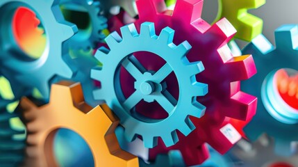 Poster - A network of interconnected gears in different colors and sizes, Symbolizing the integration and collaboration of diverse talents, photography style