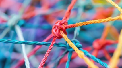 Poster - A network of interconnected threads in different colors forming a strong fabric, Metaphorizing the interwoven strengths of diverse perspectives, photography style