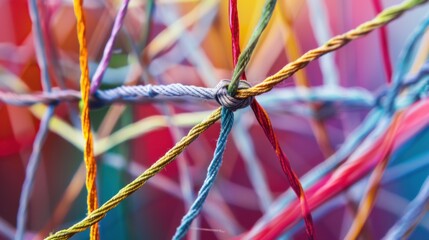 Poster - A network of interconnected threads in diverse hues weaving into a resilient fabric, Metaphorizing the strength and interconnectedness of diverse viewpoints, photography style