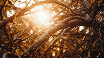 Poster - A network of intertwining branches in assorted shades, metaphorizing the strength and resilience found in the interweaving of diverse experiences, photography style