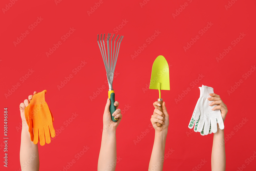 Female hands with gardening tools and gloves on red background