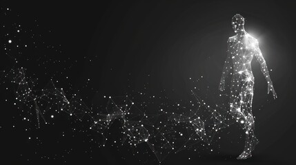 A glowing human figure made of points of light and connected by lines walks forward on a dark background.