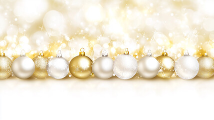 A row of shiny gold and white Christmas ornaments against a sparkling gold and white bokeh background.