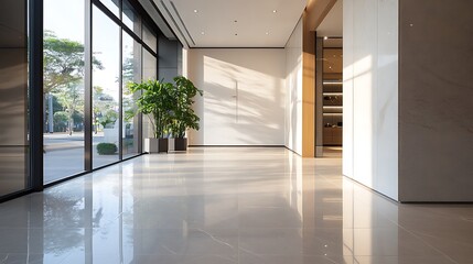 Wall Mural - Modern, minimalist lobby with large windows and sunlight streaming in.