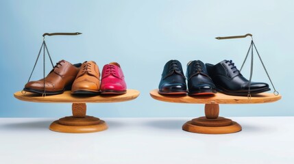 Poster - A powerful metaphor for gender equality, showing an equal number of shoes for men and women on a balanced scale, Representing equal opportunity across genders