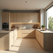 © SR PICS - An ultra-modern kitchen with plywood cabinets and countertops blends functionality and aesthetic appeal.