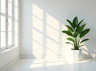 Wall Mural - Sunlight streaming through large windows into a white room with a potted plant, creating a serene, minimalist atmosphere.