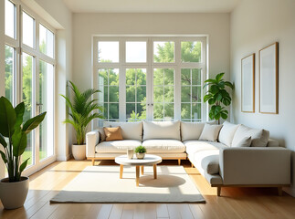 Wall Mural - Bright and airy living room with large windows, light wooden floors, potted plants, and a modern sofa, creating a fresh and inviting home space.