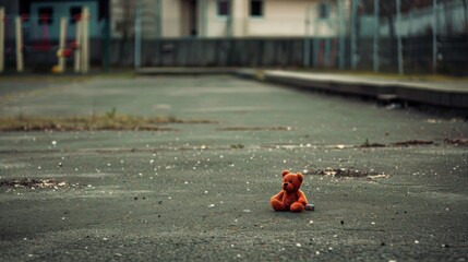 Poster - A solitary child鈥檚 toy in an empty playground, representing child poverty and neglect, minimalist style