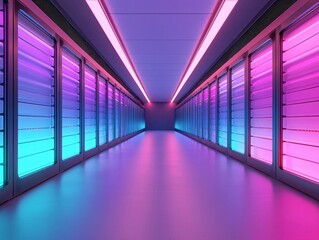 Poster - A futuristic data center corridor illuminated with vibrant pink and blue lights.