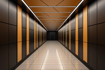 a modern hallway with sleek black and orange design, illuminated by bright overhead lights, showcasi