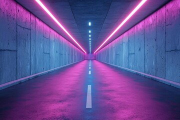 Poster - A modern underground tunnel illuminated by vibrant neon lights, creating an ethereal atmosphere.