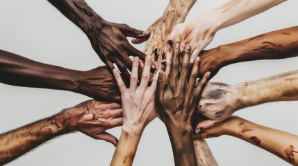 Aufkleber - A spectrum of hands in various skin tones reaching towards a common goal, Illustrating the power and solidarity of diverse communities, photography style
