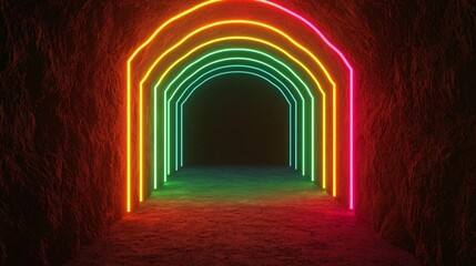 Poster - A vibrant, neon-lit tunnel with colorful arches creating a surreal atmosphere for exploration and creativity.