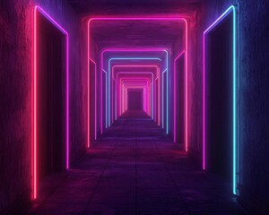 Poster - A vibrant hallway illuminated by colorful neon lights, creating a modern and dynamic atmosphere.