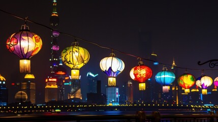 Aufkleber - A striking image of a series of colorful lanterns, each decorated with different cultural motifs, suspended in the night sky over a diverse cityscape