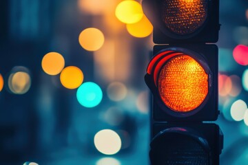 close-up of a traffic light with an amber light showing, set against a blurred background of city li