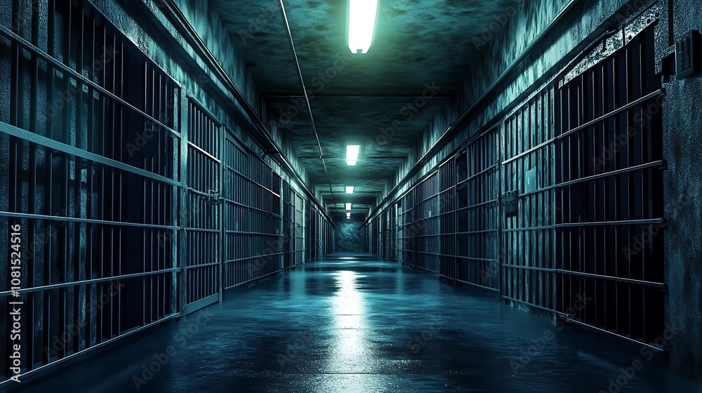 Dark and Moody Prison Corridor with Cell Doors, Cinematic Lighting, and ...