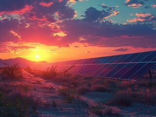 Poster - Solar panel farm harnesses renewable energy in the desert landscape for sustainable future