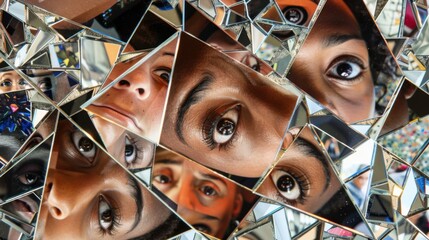 Aufkleber - A surreal montage of fragmented mirrors reflecting diverse faces and identities, Illustrating the multiplicity and complexity of individual experiences in society, photography style