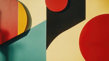 Poster - Abstract Geometric Shapes with Red, Yellow, Black, and Blue on a White Wall