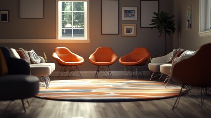 Wall Mural - A cozy, modern living space featuring orange chairs, a patterned rug, and soft lighting, ideal for relaxation and conversation.