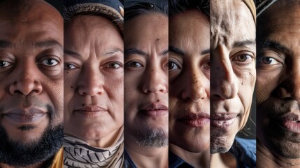 Poster - A tableau of faces from diverse backgrounds with expressions of hope and resilience, Reflecting the strength and diversity of human experiences, photography style