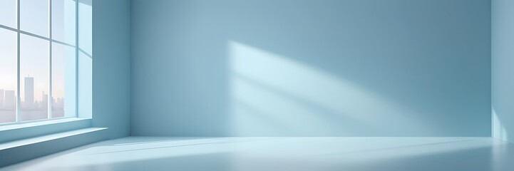 Poster - Minimalist modern interior with light blue walls, natural light, and clean lines