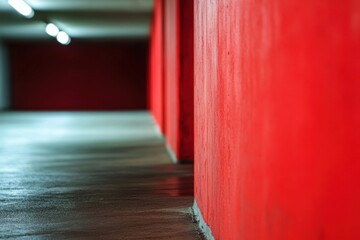 Poster - Red wall and concrete floor in an underground parking garage.