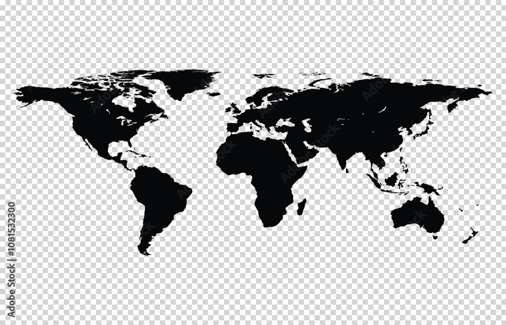 World map black isolated on transparent background. Flat earth map ...