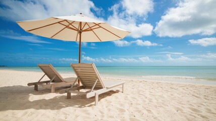 Wall Mural - beach chairs under an umbrella on a sunny tropical beach with clear blue skies.