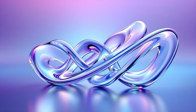 3d rendering, abstract violet background with curvy glass ribbon and reflection on the water surface. Simple modern minimalist wallpaper. Abstract background with glass shapes composition. 