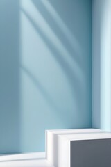 Poster - Minimalist modern interior with light blue walls, natural light, and clean lines