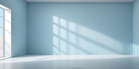Poster - Minimalist modern interior with light blue walls, natural light, and clean lines