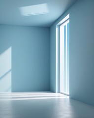 Poster - Minimalist modern interior with light blue walls, natural light, and clean lines