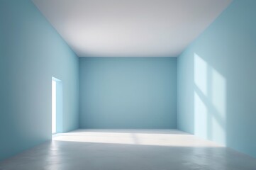 Poster - Minimalist modern interior with light blue walls, natural light, and clean lines