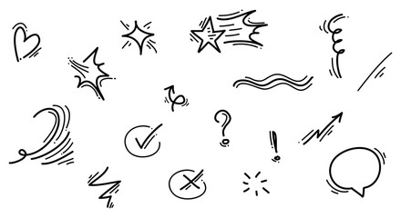 Poster - Hand drawn set of doodle emphasis design elements. wind, arrow, heart, exclamation, star. used for infographic concept design