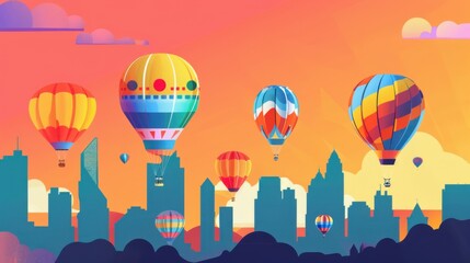 Poster - A vivid depiction of a colorful hot air balloon festival with balloons each featuring different cultural designs, floating over a diverse cityscape