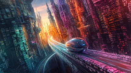 Poster - an abstract highway cutting through a city of digital towers made of cascading binary numbers.