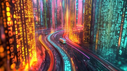 Poster - an abstract highway cutting through a city of digital towers made of cascading binary numbers.