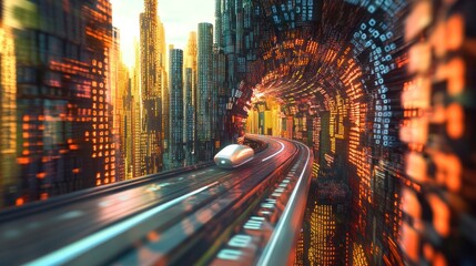 Poster - an abstract highway cutting through a city of digital towers made of cascading binary numbers.