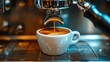 © AGUNG - Espresso being poured from a coffee machine into a white cup.