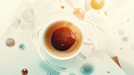 Poster - coffee cup surrounded by floating geometric shapes and lines, symbolizing quantum mechanics. The cup is filled with a rich brew